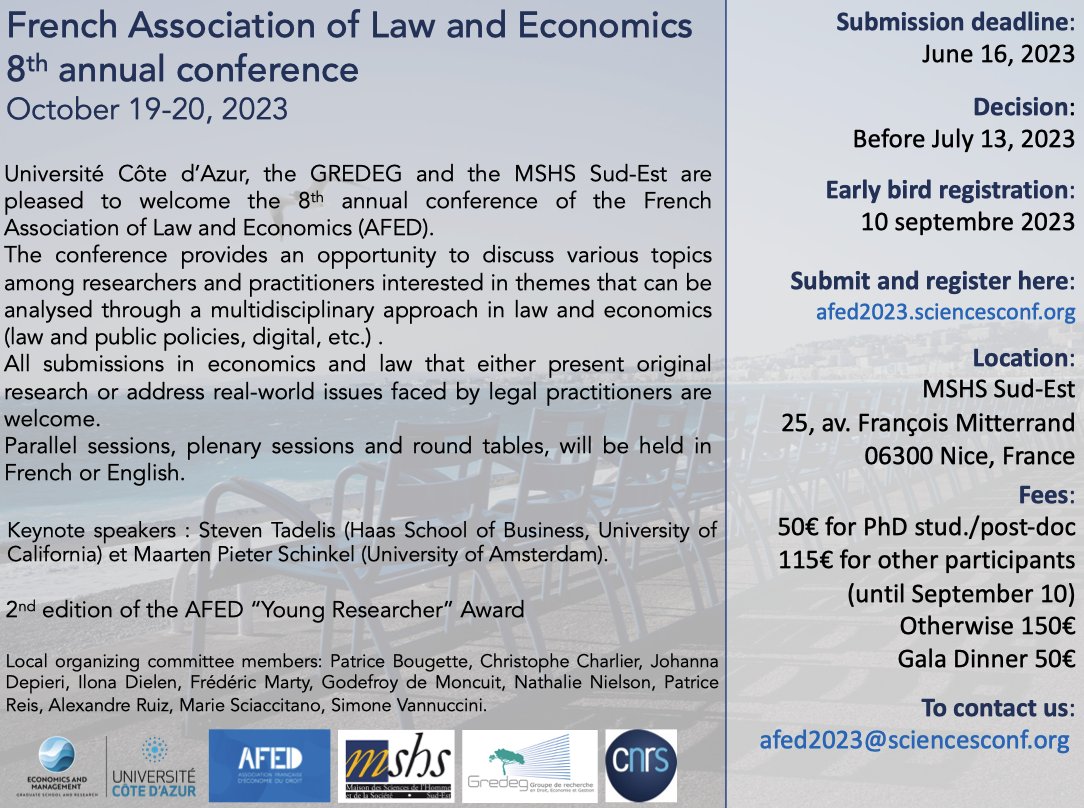 Our 8th annual conference takes place in Nice on 19-20 October <a href="/Univ_CotedAzur/">Université Côte d'Azur</a> <a href="/GREDEG_UMR/">GREDEG</a> @MSHSSudEst. Keynotes are <a href="/steve_tadelis/">Steve Tadelis</a> (University of California) and Maarten Pieter Schinkel (University of Amsterdam)
The call for papers is open!
afed2023.sciencesconf.org