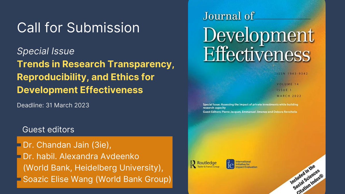 3ieNews's tweet image. ⏰ #DeadlineWeek | Have you submitted your paper yet?

This is the last week to send your article on Research #Transparency, #Reproducibility, and #Ethics for 3ie's Journal of Development Effectiveness. 

📜 Criteria 👉🏽 bit.ly/3ieJDEff
🗓️ Deadline 👉🏽 31 March 2023