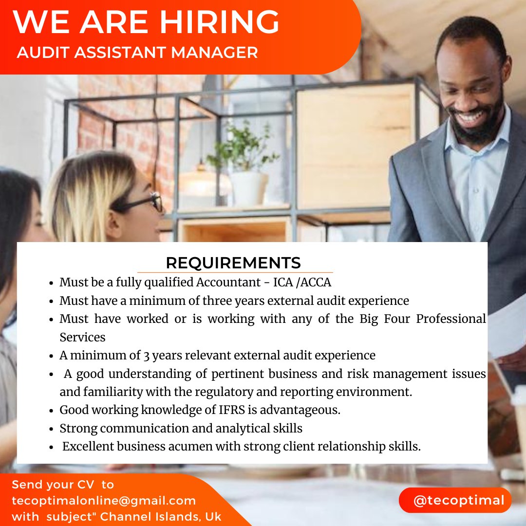 tecoptimal's tweet photo. Join one of the Big Four Professional Services in the Channel Islands, UK, as an Audit Assistant Manager.
#explore #tecoptimal #assistantauditmanager #channelislands https://t.co/tBWQnlUVbp