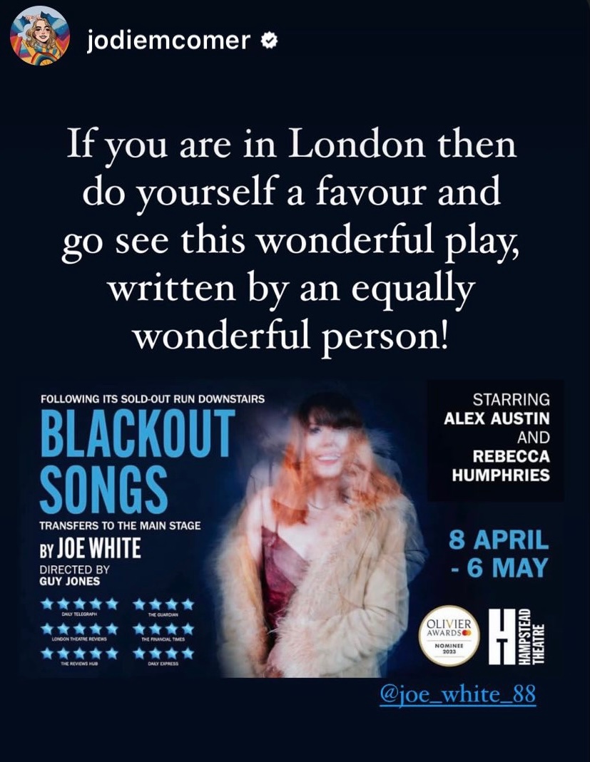 JoeWhiteWrites_'s tweet photo. Do what Jodie Comer says and book Blackout Songs @Hamps_Theatre, 8th April - 6th May. All Saturday night tickets only £10!!! 🖤https://t.co/alkh51fVj9 https://t.co/CSa086vJLW