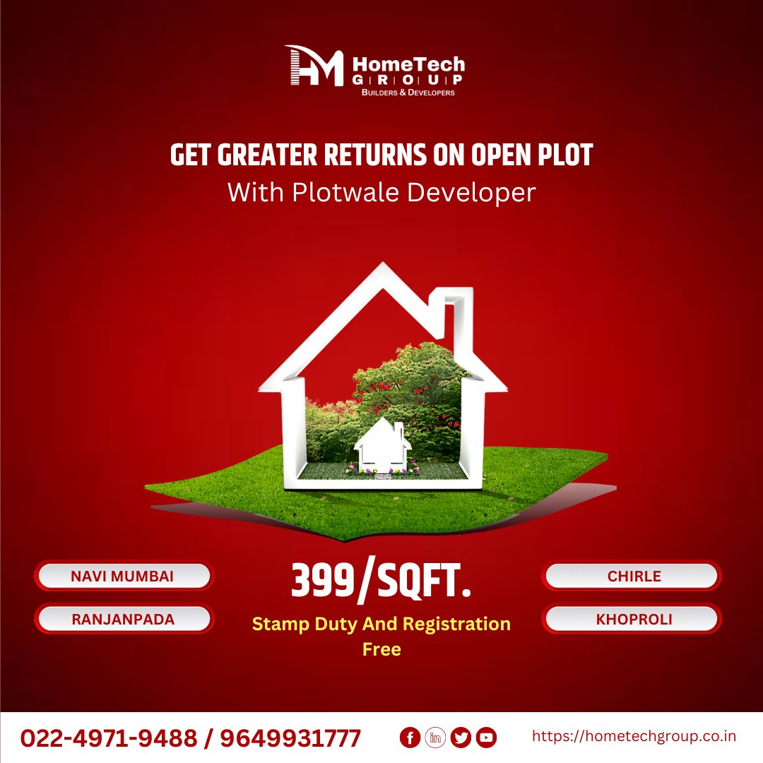 HometechG's tweet photo. Get Greater Returns On Open Plot
With Plotwale Developers

Only 399/sqft.
✅ NAVI MUMBAI | RANJANPADA | CHIRLE | KHOPROLI

Free Registration &amp; Stamp Duty
100% Title Clear 7/12
Upto 1.25 Lakh Gift Voucher Free  

Call Now:- 022-4971-9488
Click for more:- https://t.co/1T3sogMO2u https://t.co/PWEpak7Jo4
