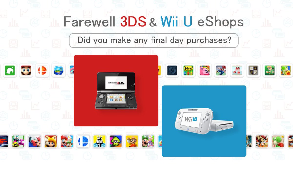 Nintendo_SW's tweet image. 🟥🟦 It is now no longer possible to make purchases on the Nintendo #3DS &amp;amp; #WiiU #eShops

It&apos;s a sad day for Nintendo South Wales. Our group was born thanks to #StreetPass, and grew up hosting local events for the 3DS &amp;amp; Wii U

Did any of our members make any final day purchases?