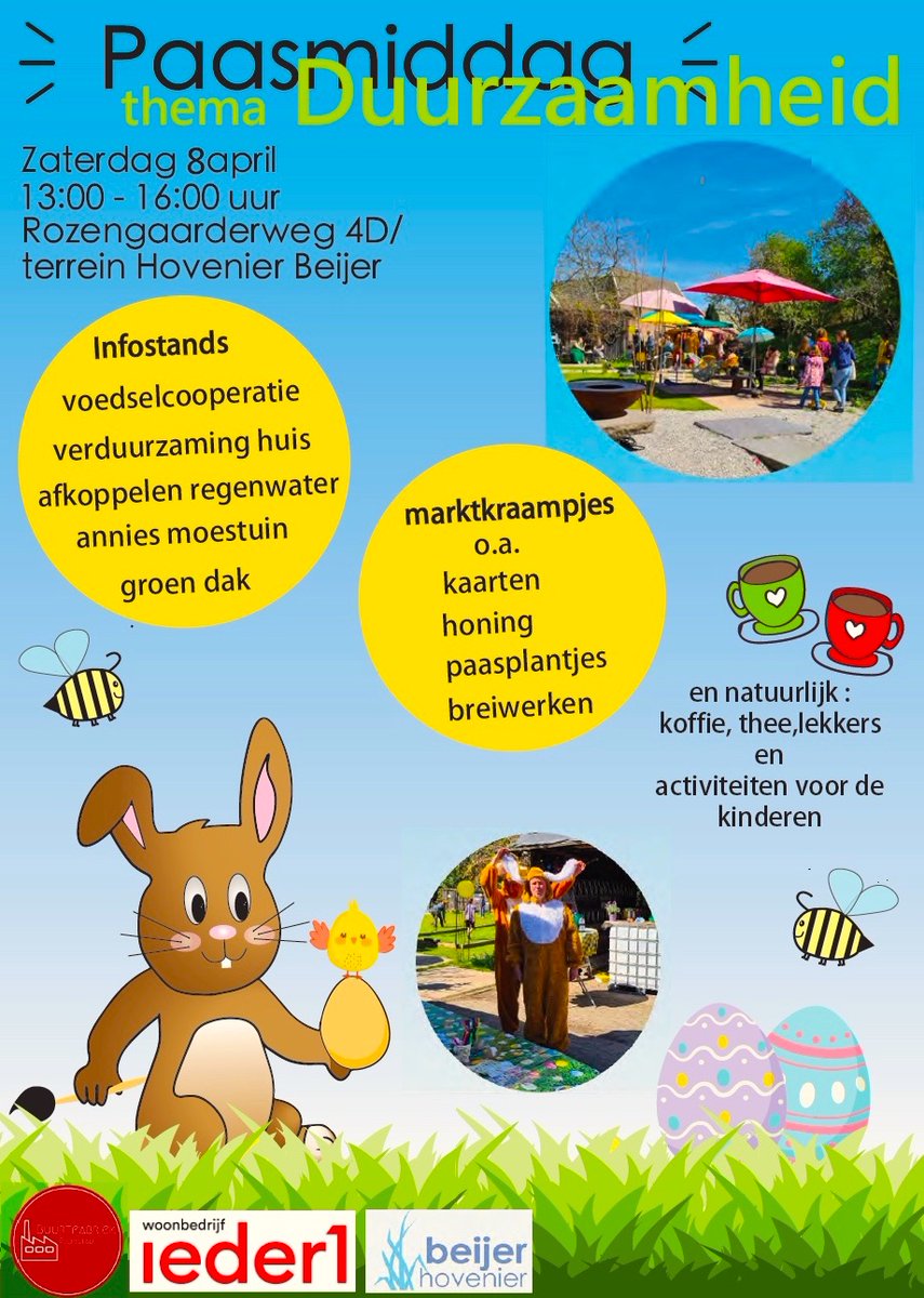 🐣Wees WELKOM op de allerleukste Paasmarkt van Deventer! 🌷U komt toch ook, op zaterdag 8 april, de lente proeven én beleven? ☀️Kom dan tussen 13.00u en 16.00u naar de Rozengaarderweg 4D, in de prachtige tuin van hovenier Frank Beijer.😎 Thema is: #Duurzaamheid. 💚 Graag tot dan!