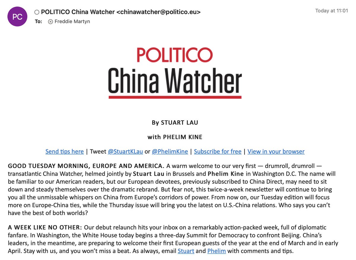 Freddie Martyn (@FreddieMartyn) on Twitter photo 2023-03-28 09:04:08 WOOOOO It's out! The first edition of @POLITICO and @POLITICOEurope's new and improved #ChinaWatcher newsletter. Particularly excited to see our first globally produced regular newsletter come together. Well done team! Sign up here: politico.eu/newsletter/chi… WOOOOO It's out! The first edition of @POLITICO and @POLITICOEurope's new and improved #ChinaWatcher newsletter. Particularly excited to see our first globally produced regular newsletter come together. Well done team! Sign up here: politico.eu/newsletter/chi…