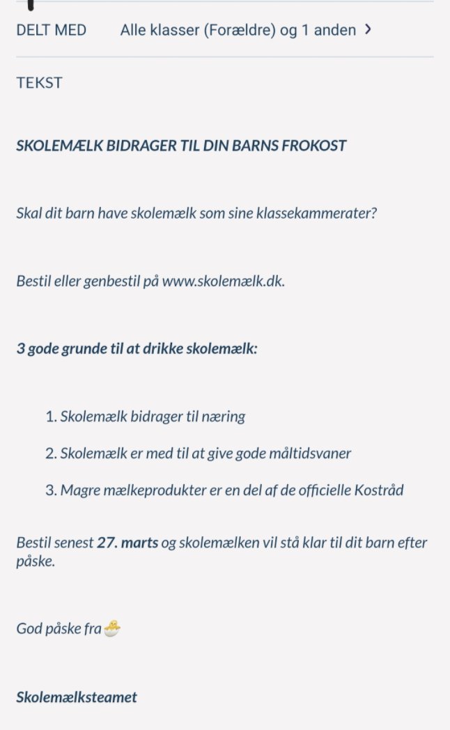 Hvordan ender sådan en besked på Aula?

Hvem sidder i et skolemælksteam, og hvem kommunikerer med dem?

#Dkgreen