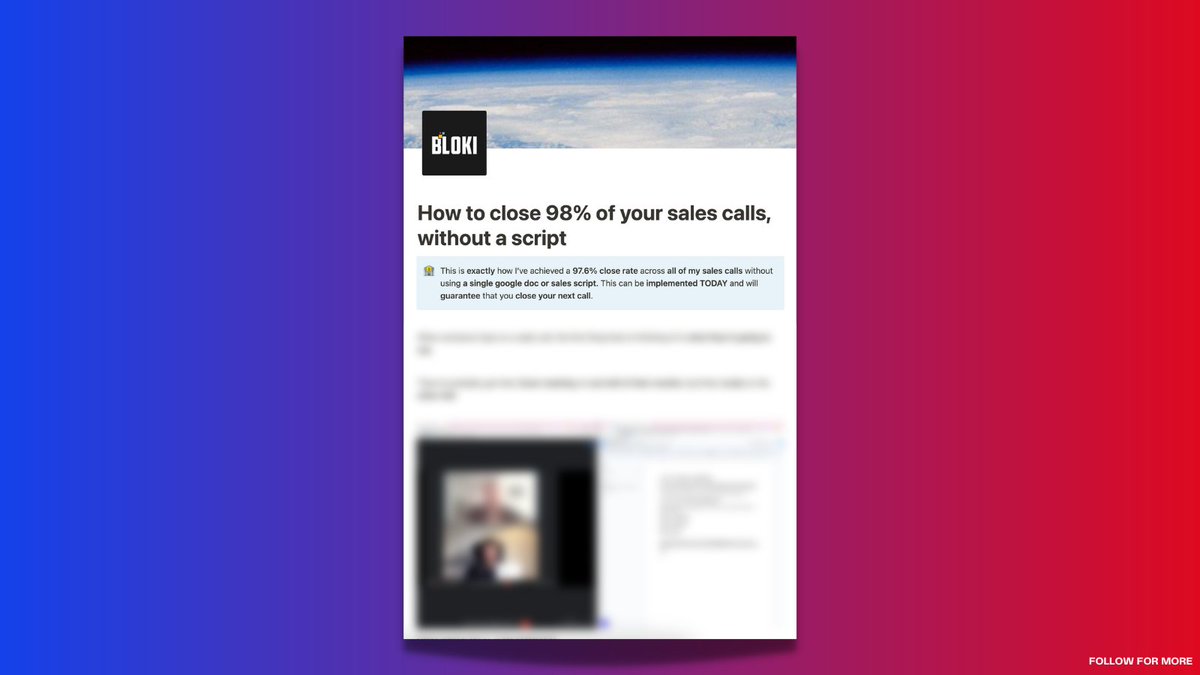 BenjaminLBrooks's tweet photo. I currently have a 97.6% close rate across all my sales calls and I've put together EXACTLY how I do it 🎯

If you follow this correctly, you'll never have to use a script again.

Retweet + Comment "SEND" and it's yours 🚀

(MUST BE FOLLOWING) https://t.co/u8gvW570Ke