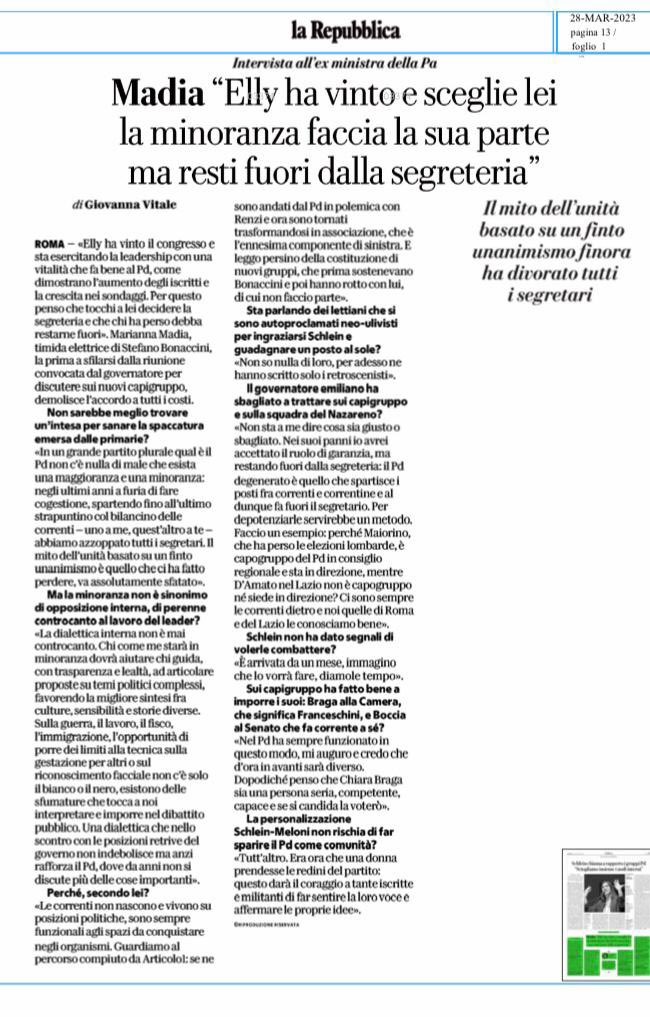 mariannamadia's tweet photo. ‘Schlein ha vinto e sceglie lei, la minoranza faccia la sua parte ma resti fuori dalla segreteria’ ogni tanto anche i titoli sono fedeli ai contenuti delle interviste 😉 https://t.co/KiISCVPEcu