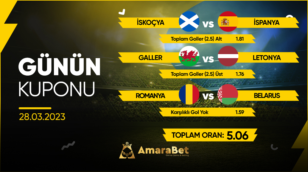 🏆Günün Kuponu⚽️

➡️İskoçya - İspanya | Alt 2.5
➡️Galler - Letonya | Üst 2.5
➡️Romanya - Belarus | KG Yok

🎁En yüksek bonuslar için; linktr.ee/amarabet