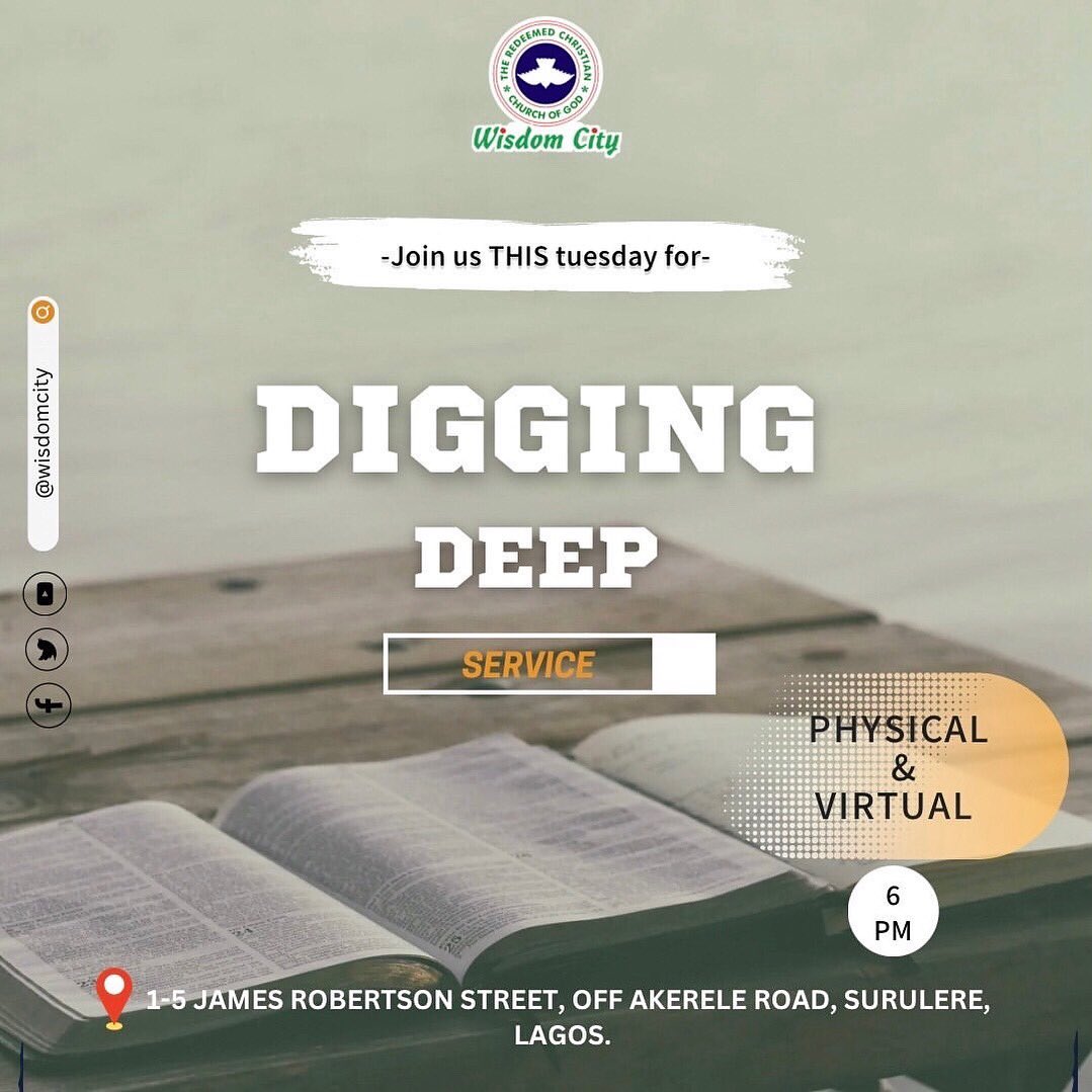 rccgwisdomcity's tweet photo. Want to take a deep dive into the engrafted word of truth and take learnings for a godly living? 

Why not Join us this evening at 6:00 pm for Digging Deep Service. 

Do come along with someone and be blessed.

See you in Church! 🤗

#DiggingDeepService #rccgwisdomcity 
#rccg https://t.co/sPqXeejy9g
