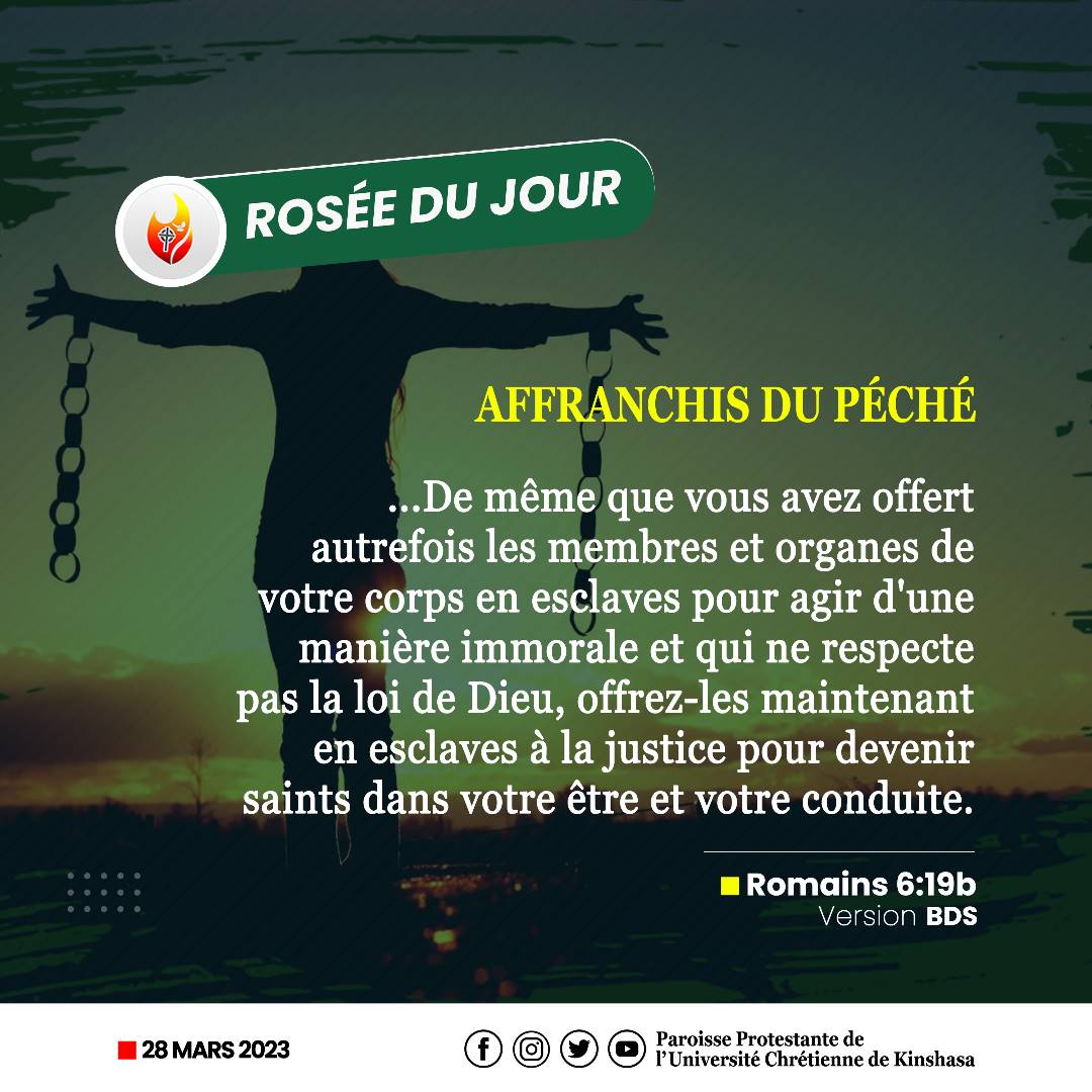 ParoisseU's tweet photo. Frère et sœur nous vous saluons au nom du Seigneur Jésus-Christ, en étant affranchis du péché,nous devons changer l'usage de nos membres pour la gloire de Dieu car, nous ne sommes plus esclaves du péché, mais de la justice de Dieu pour marcher dans sa liberté
#Liberté
#ServirDieu https://t.co/s1u7OAz0xm