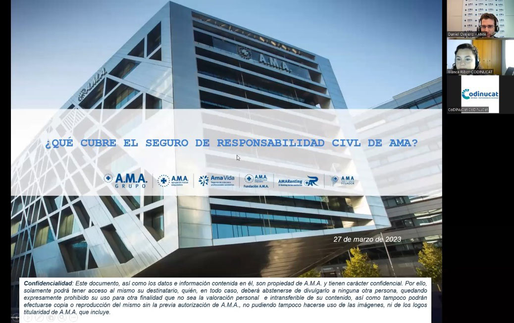 amaseguroses's tweet photo. #EventosAMA Ayer nuestro letrado del Dpto de RCP de A.M.A. y experto en Dcho Sanitario, Daniel Ovejero, participó en la webinar - ¿Qué cubre el seguro de responsabilidad de A.M.A?, organizada por @CoDiNuCat  y moderada por Blanca Ribot, vocal de la Junta de Gobierno del Colegio. https://t.co/skBoTD2BkE