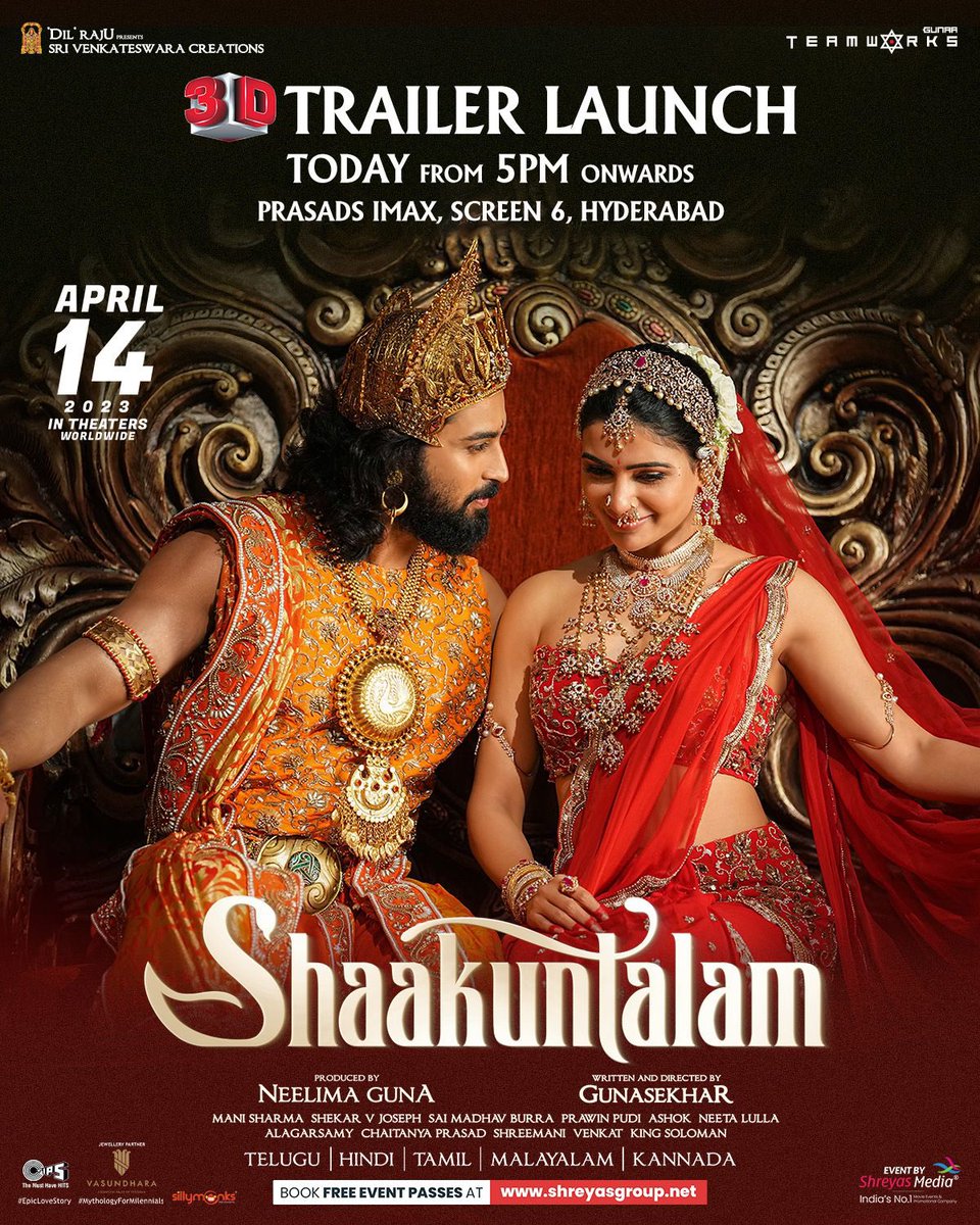 GunaaTeamworks's tweet photo. Get Ready To Be Amazed🤍 
Witness the stunning visual extravaganza of the #Shaakuntalam3DTrailer at 5PM Today, Prasads IMAX, Screen 6.

🎟️ https://t.co/VgS4RJ3Bsr

#Shaakuntalam @Gunasekhar1 @Samanthaprabhu2 @ActorDevMohan @neelima_guna @GunaaTeamworks @SVC_official @shreyasgroup https://t.co/LwW02ATPYP