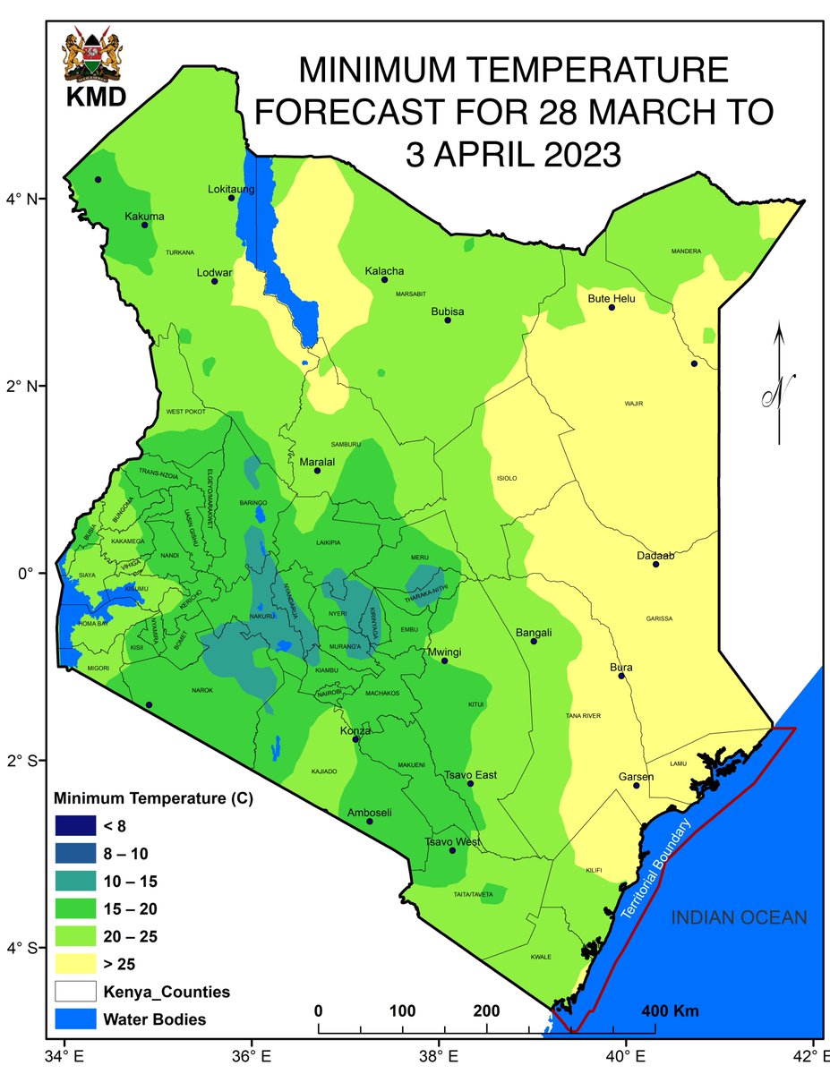 Hey everyone! ☀️🌦️

Here's a quick weather update for the week of 28 March to 3 April 2023 in Kenya.

🌦️ Expect reduced rainfall, but isolated storms possible in Lake Victoria Basin, South Rift Valley, and North-western Kenya. 🌡️ Moderate temperatures are expected. Stay safe☔🌥️