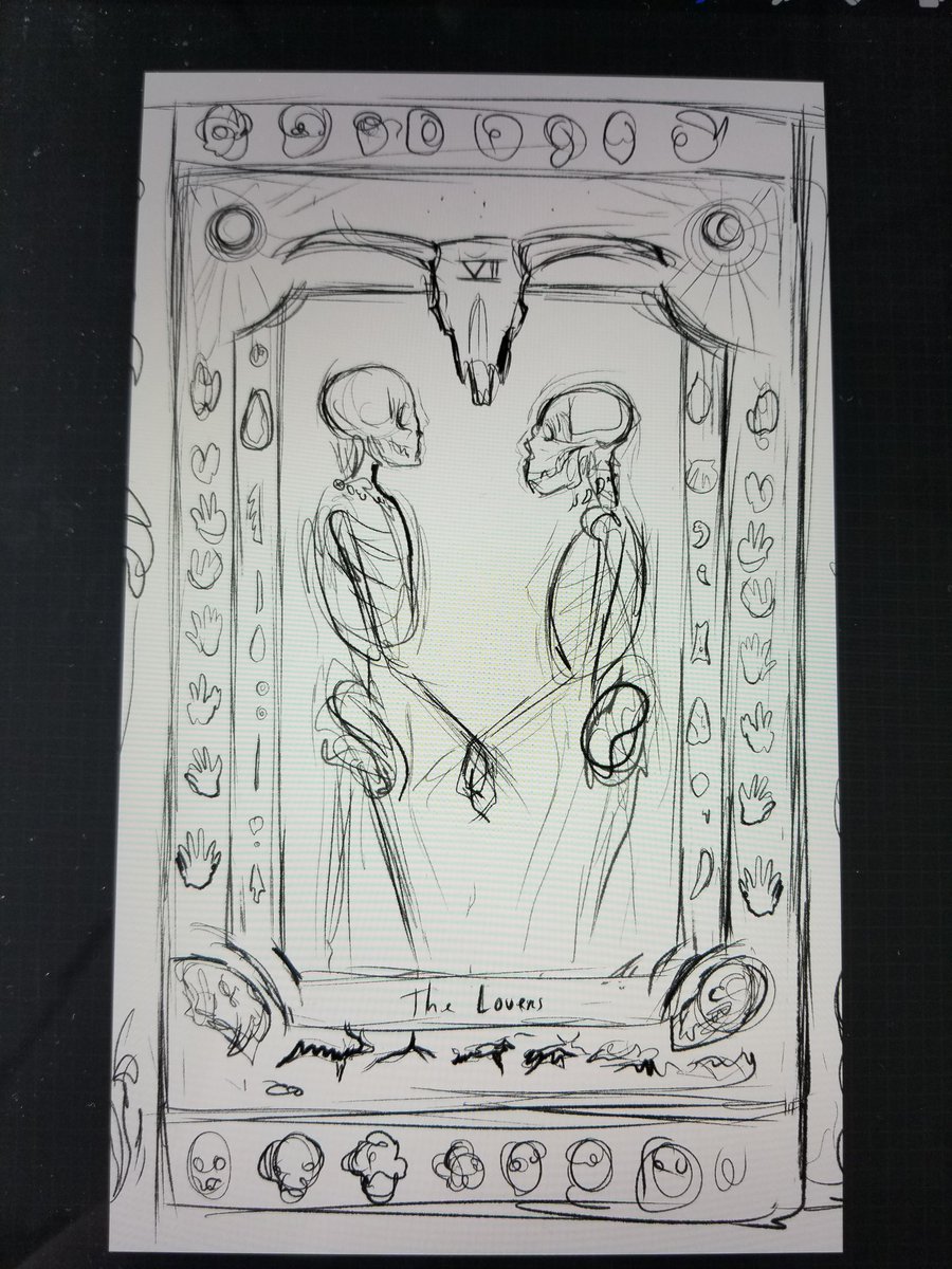Rough sketch 

I want to make a tarot esque drawing of 'The Lovers' featuring Neanderthal and Homo Sapiens love, surrounded by their tools and jewelry, cave art, animal and various hominid skulls... I could make it even bigger but we'll see :') 