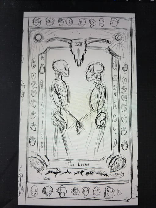 Rough sketch 

I want to make a tarot esque drawing of 'The Lovers' featuring Neanderthal and Homo Sapiens love, surrounded by their tools and jewelry, cave art, animal and various hominid skulls... I could make it even bigger but we'll see :') 