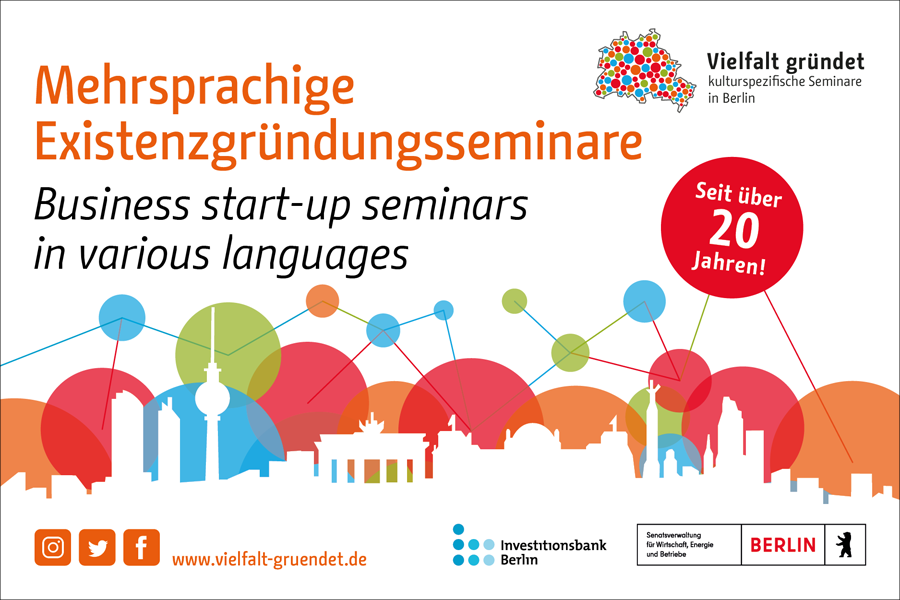 Die Seminarreihe Vielfalt gründet startet in die neue Runde! Seit über 20 Jahren begleitet das Projekt internationale Existenzgründer*innen in Berlin mehrsprachig.
Das erste Seminar findet am 20.04.2023 auf Polnisch statt.
Anmeldungen &amp; Infos unter vielfalt-gruendet.de