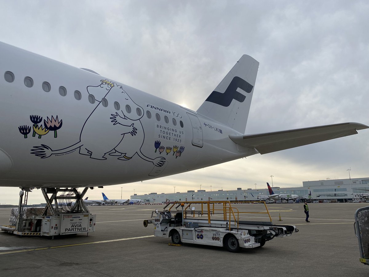 PoTerotin's tweet photo. The Finnair A350 with Moomins visiting BRU today! @Finnair #A350 @MoominOfficial https://t.co/jOfl0KZCC7
