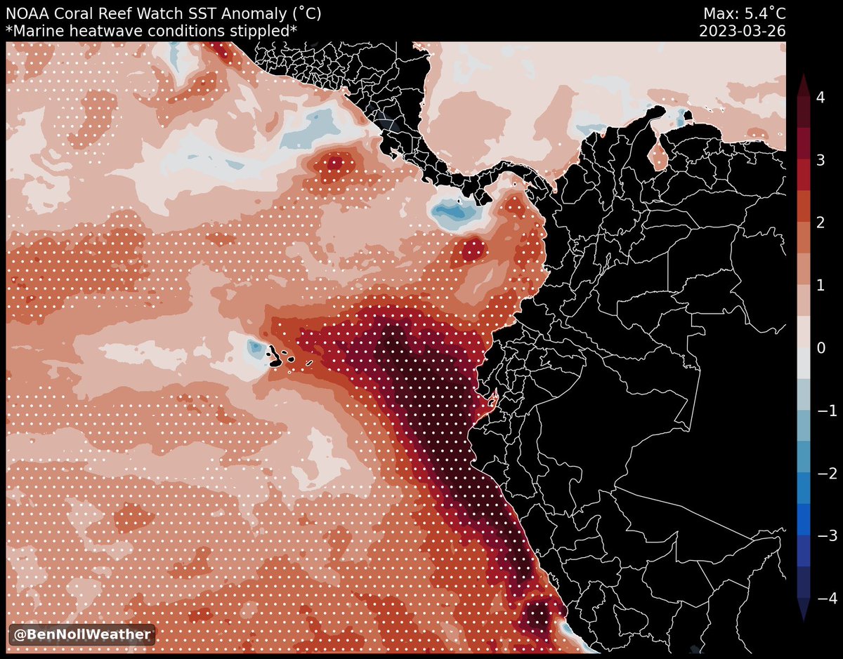 BenNollWeather's tweet photo. Sea surface temperatures in the eastern equatorial Pacific near Peru &amp; Ecuador are 4-5˚C above average!

This is the most unusually warm condition since the El Niño costero of 2017.

Widespread marine heatwave conditions (stippled) will cause impacts across western South America. https://t.co/wXC2H5EtFj