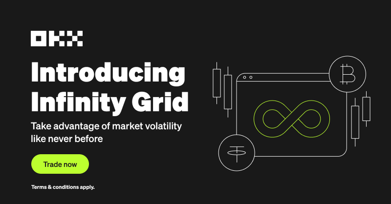 okx's tweet photo. 📢 Introducing #OKX Infinity Grid bot  - now LIVE 🟢

🤖 With our new bot in volatile markets 📈📉: 
✅ Uses grid trading strategies to trade assets 
✅ #HODL onto your digital assets in an uptrend market
✅ Avoid early exit trades - stay consistent with your profits