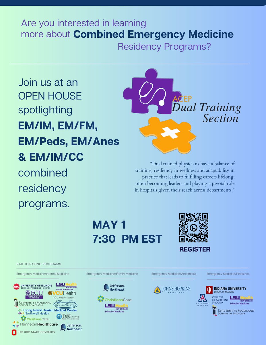 Excited to announce this year's residency fair for combined EM training residency programs. If you're interested in pursuing a career combining multiple specialties, scan the QR code on the attached flyer to register. Can't wait to see you there! #combinedlife #emim @ACEPNow