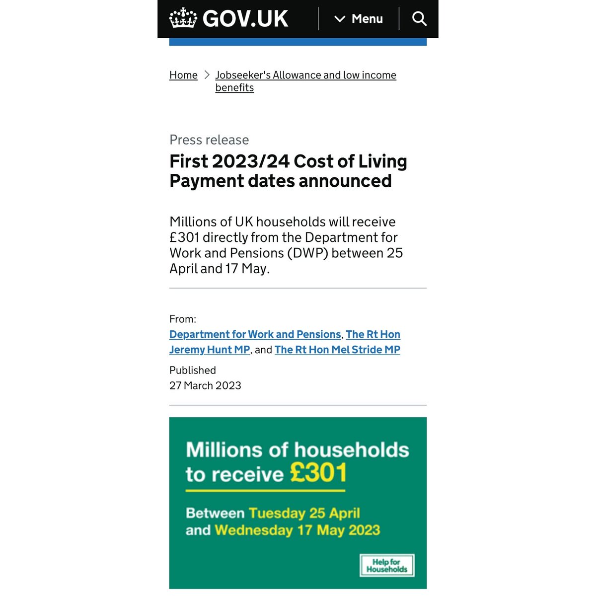 First 2023/24 Cost of Living Payment dates announced.

gov.uk/government/new…

#CostOfLivingPayments