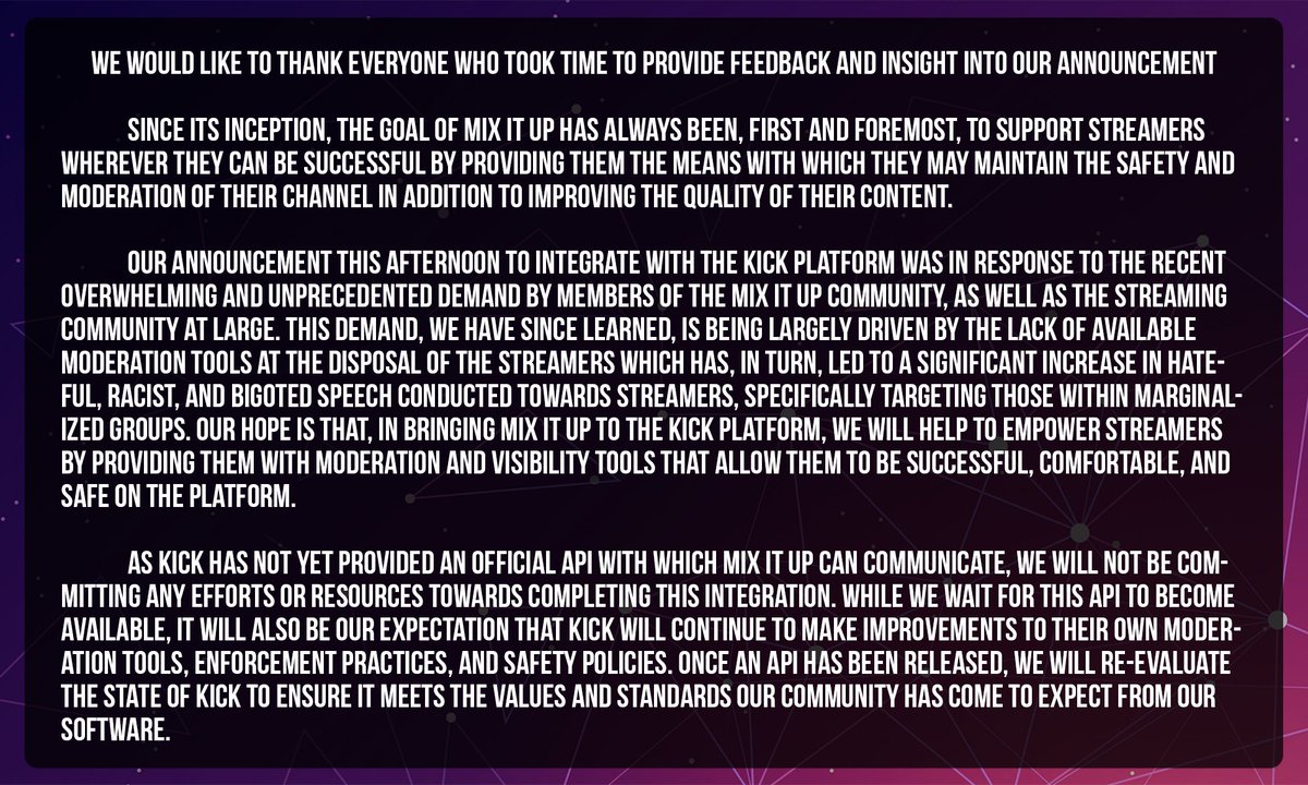 Thanks to everyone who reached out to us on Twitter and Discord this afternoon. The Mix It Up team would like to provide the following update regarding our recent announcement: