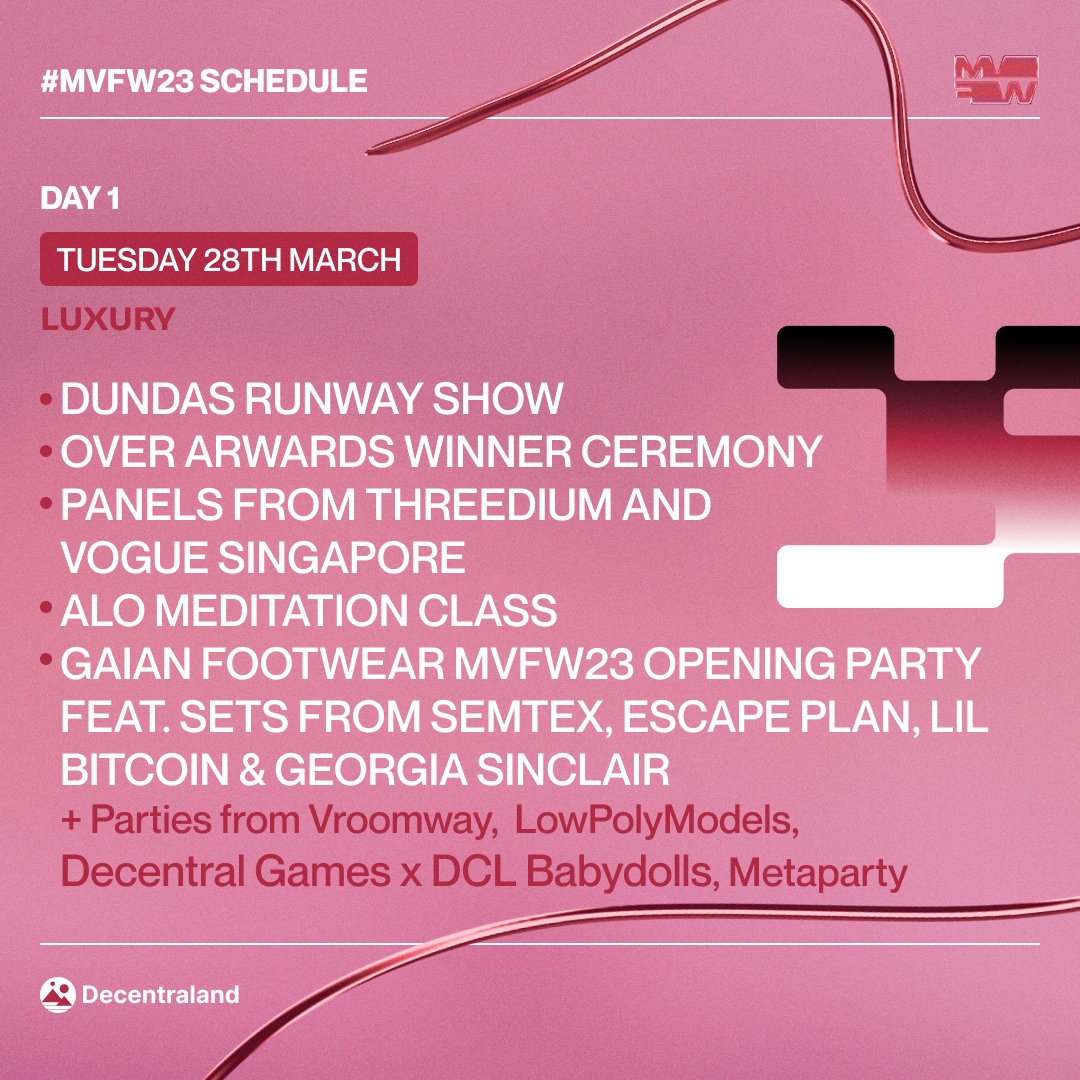 Day 1 of #MVFW23 is kicking in just a few more hours and the schedule is looking 🔥

See you all at 9am UTC in Decentraland for the District Openings. 

Events begin at 13:00 UTC.