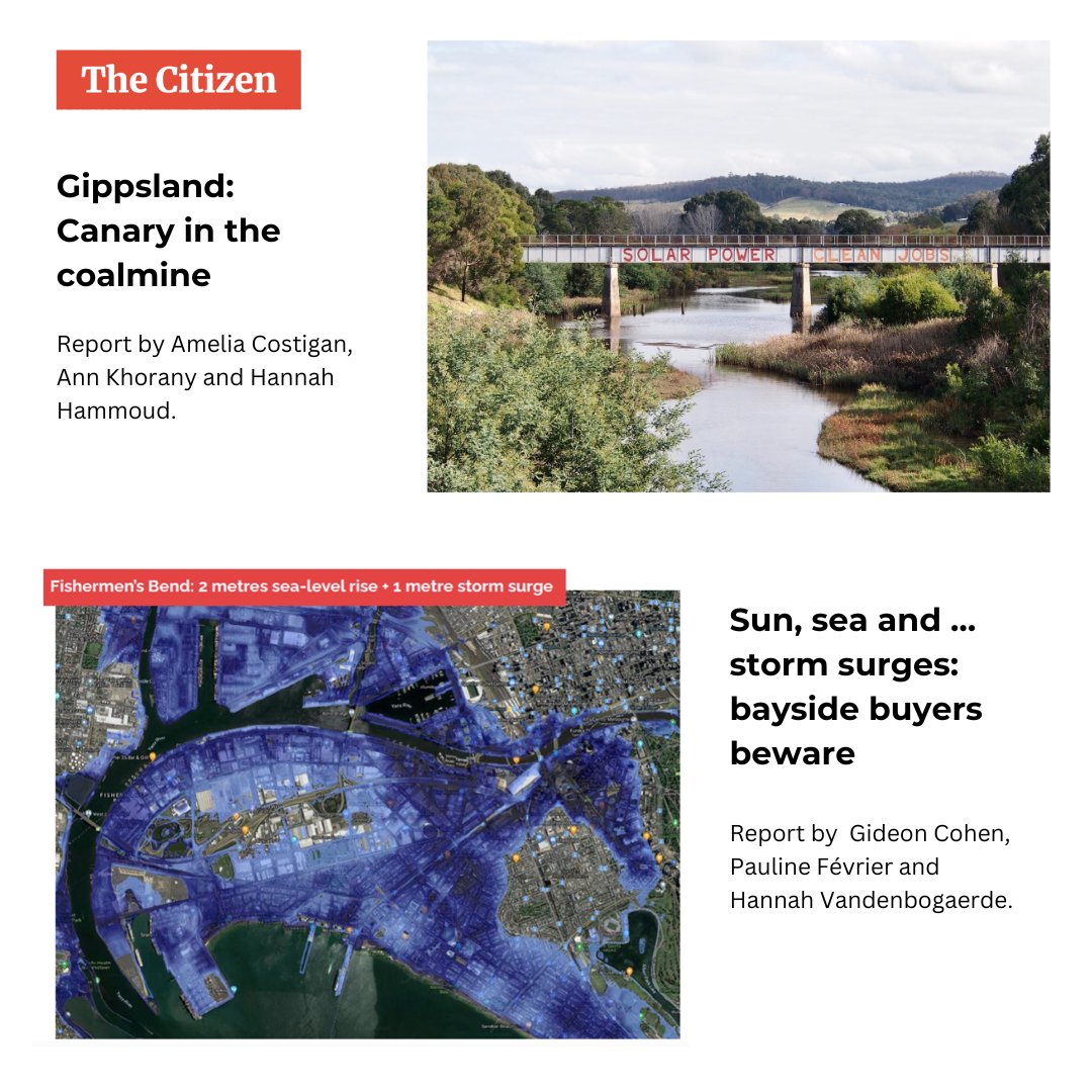 cajunimelb's tweet photo. Two more student investigations have been published in @thecitizenweb, with support from human rights platform @rightnowinc and edited by lecturer @gcmccoll!

Student groups wrote about how extreme weather events and rising sea levels impact Gippsland and Melbourne's bayside. 🚨 https://t.co/L7FeyfY40M