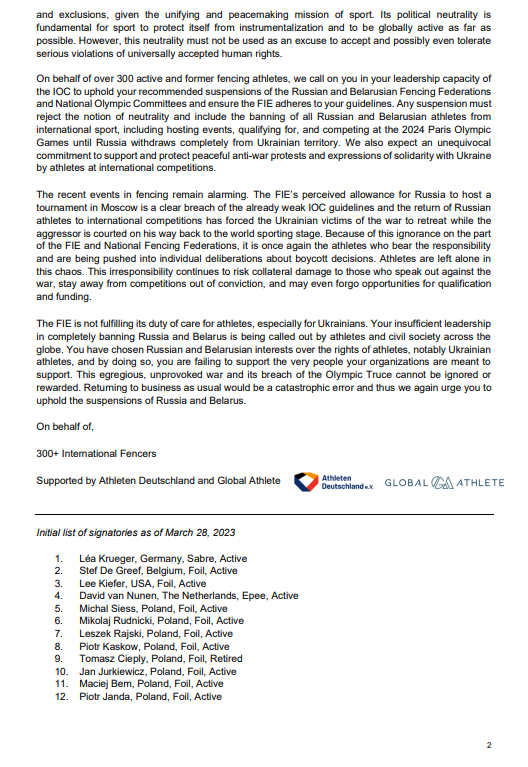 Über 300 Fechter*innen appellieren in einem offenen Brief an <a href="/FIE_fencing/">FIE</a> und <a href="/iocmedia/">IOC MEDIA</a>, den Ausschluss Russlands und Belarus aus dem Weltsport aufrechtzuerhalten. 
Brief im Original und alle Erstunterzeichner*innen: 🔽
athleten-deutschland.org/wp-content/upl…