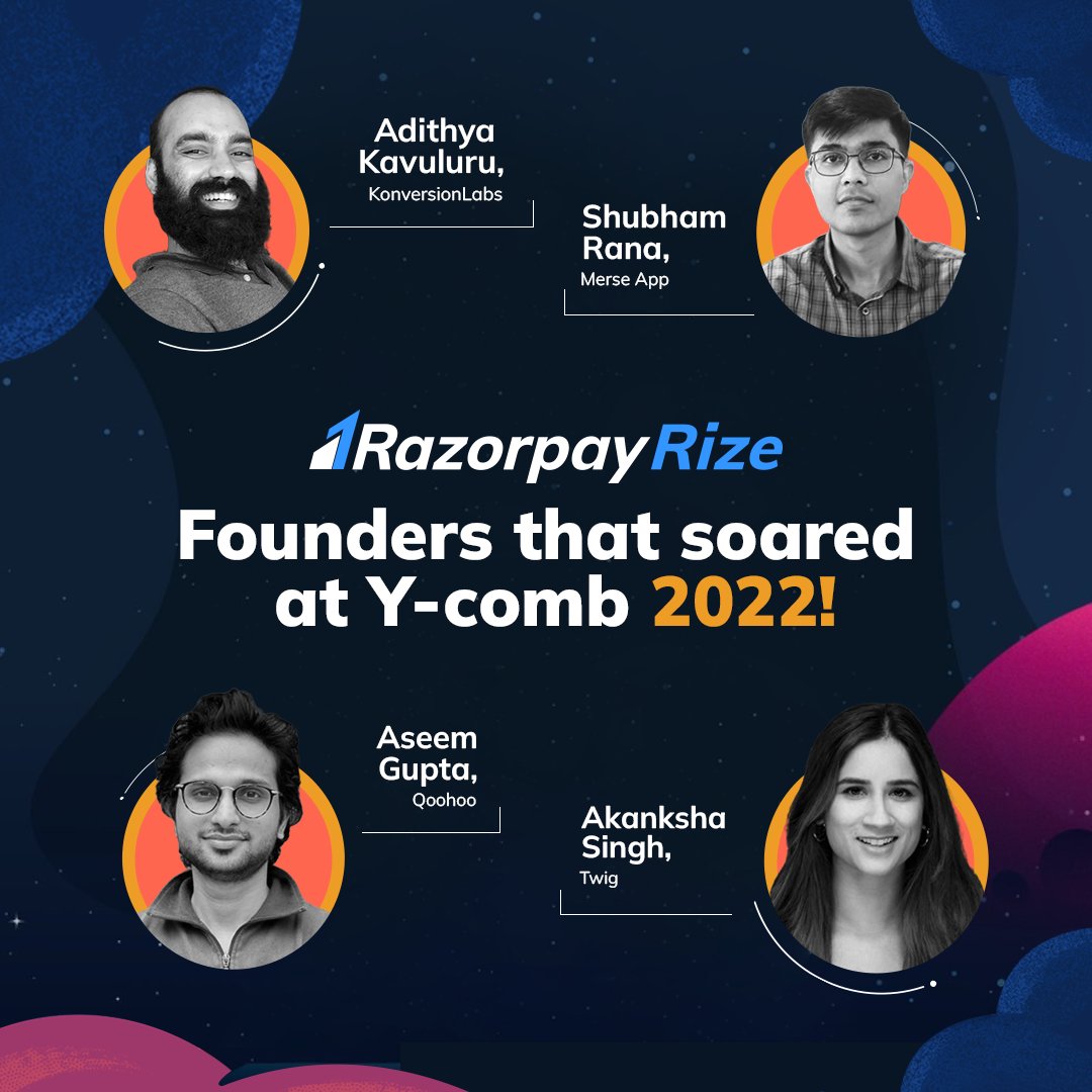 Razorpay's tweet photo. Here's a shoutout to some founders who made it to Y Combinator Winter 2022 with some help from #RazorpayRize 🙌

You too can make the cut, our experts are here to help you with it. #RazorpayRizeForYC

Apply now! https://t.co/JGf9sRYh3O https://t.co/YVj1H380Br