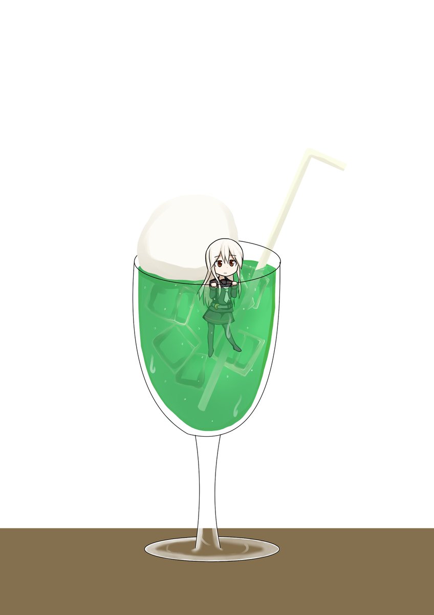 u-511 (kancolle) 1girl solo long hair drinking glass drinking straw minigirl cup  illustration images