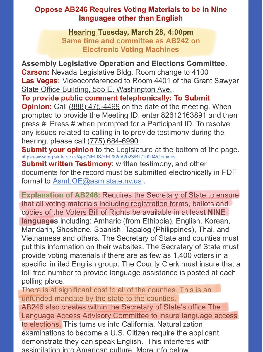 Gunz_go_boom's tweet photo. 🚨 🚨 NEVADA - ELECTIONS 🗳 

#AB242 - eliminates paper ballots, reduces county authority
#AB246 - all voter materials in 9 languages; establishes SoS office of “Language Access Advisor Committee”.

BOTH BILLS: UNFUNDED MANDATES

https://t.co/WaIFwVbuqE
https://t.co/ec9iu2p8a6 1/ https://t.co/M6fx5TPnje