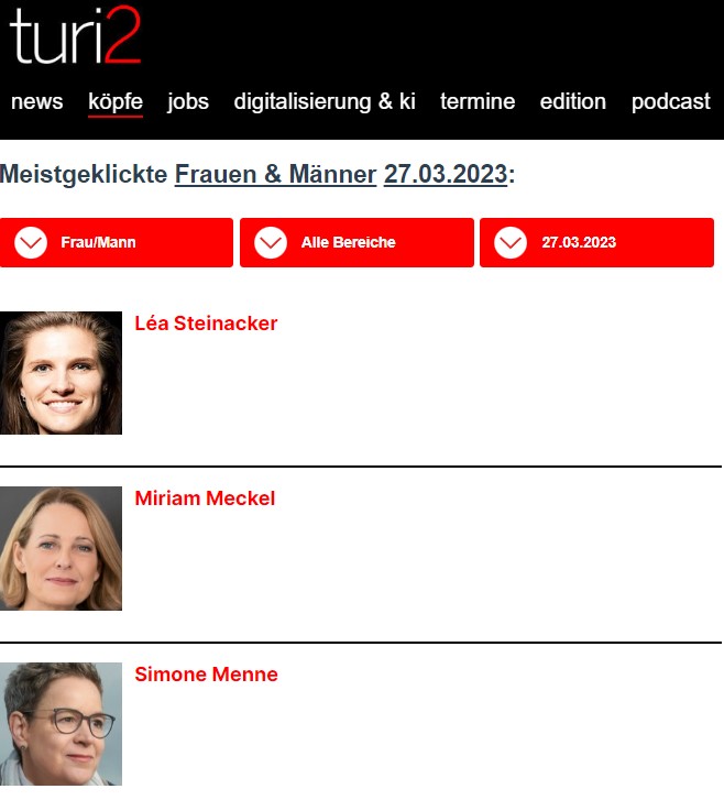 turi2 (@turi2) on Twitter photo Meistgeklickter Kopf gestern war @leasteinacker, Mitgründerin der Bildungs-Plattform ada. Zusammen mit ihrer Mitstreiterin <a href="/mmeckel/">miriam meckel</a>, die im Ranking auf dem zweiten Platz landet, spricht sie im turi2-Interview über Chancen und Risiken von KI. turi2.de/index/koepfe/?… Meistgeklickter Kopf gestern war @leasteinacker, Mitgründerin der Bildungs-Plattform ada. Zusammen mit ihrer Mitstreiterin <a href="/mmeckel/">miriam meckel</a>, die im Ranking auf dem zweiten Platz landet, spricht sie im turi2-Interview über Chancen und Risiken von KI. turi2.de/index/koepfe/?…