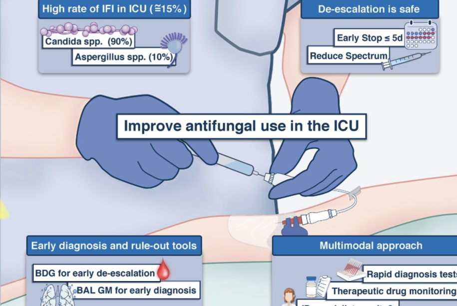 infeccHRUmalaga's tweet photo. 1-Infecciones hongos🍄 #UCI: Alta mortalidad ☠️📈2-Antifúngicos UCI:A veces #inapropiados o #InicioTardio➡️Efectos adversos,peor pronóstico.📖@yourICM medidas #AntifungalStewardship👇🏻📸1️⃣Biomarcadores 2️⃣Desescalada 3️⃣Otras(niveles antifúng, Candida T2MR…) https://t.co/ngt7gKXQNp https://t.co/yupctdTTvL