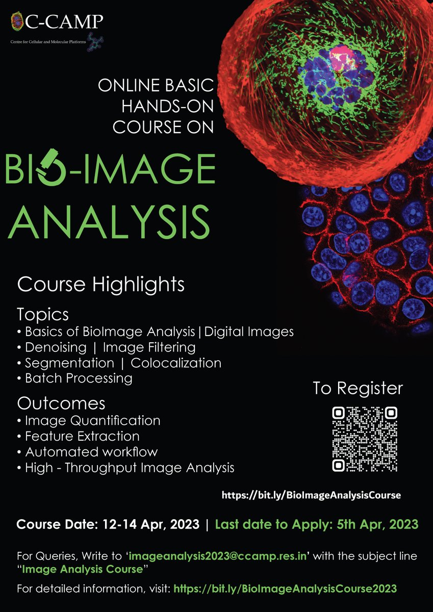Become adept at analyzing your scientific images

Apply for CCAMP #Online Hands-on Basic #BioImageAnalysis Course

Register by 5th April
🔗 bit.ly/BioImageAnalys…
12-14 April

Outcomes: image quantification, feature extraction, automated workflow & high-throughput image analysis