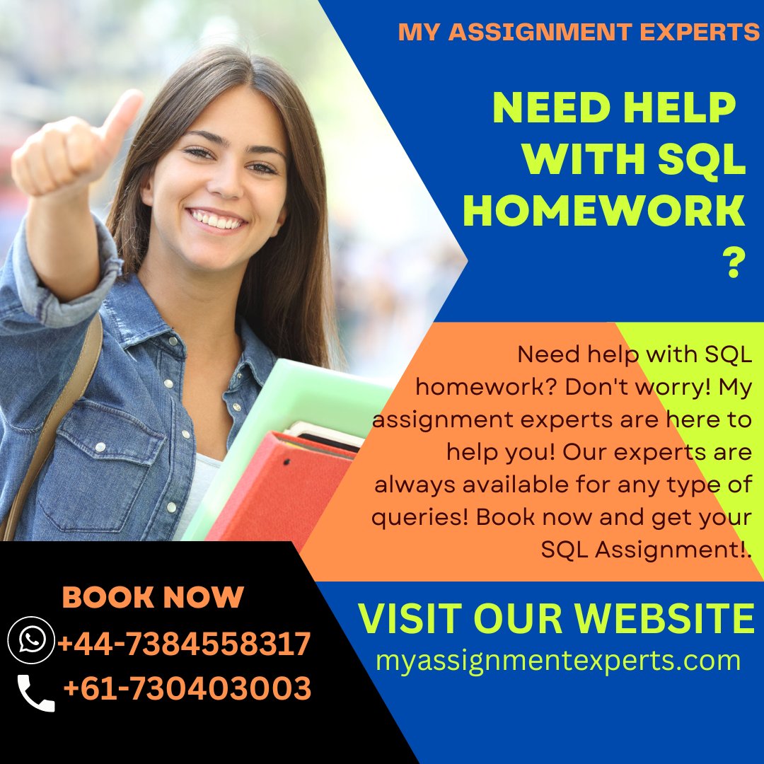 sammartina004's tweet image. Need help with SQL homework? Don't worry! My assignment experts are here to help you! Our experts are always available for any type of query! Book now and get your SQL Assignment!
#sqlassignment #expertshelp #assignmentexperts