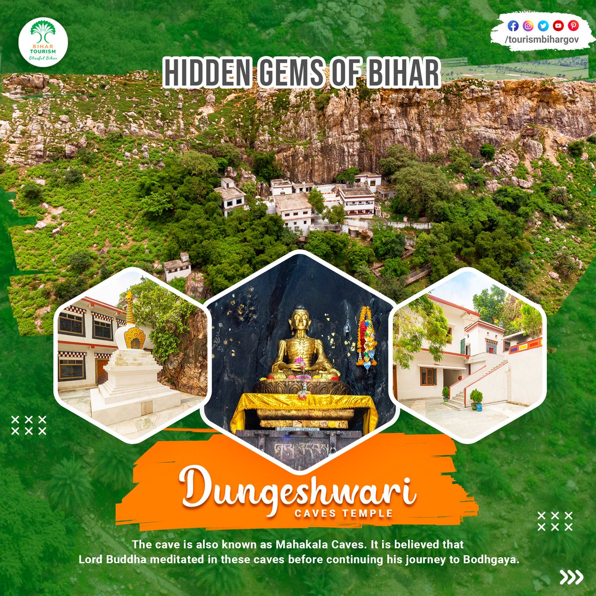 TourismBiharGov's tweet photo. The Dungeshwari Cave Temples, also known as Mahakala Caves, are a #hiddengem located 12 km northeast of Bodhgaya in Bihar. It is believed that these ancient caves are where Lord Buddha meditated before heading to #BodhGaya.

 #HiddenGemsofBihar
@AbhaySinghIAS @yadavtejashwi https://t.co/aQVdewwsVE