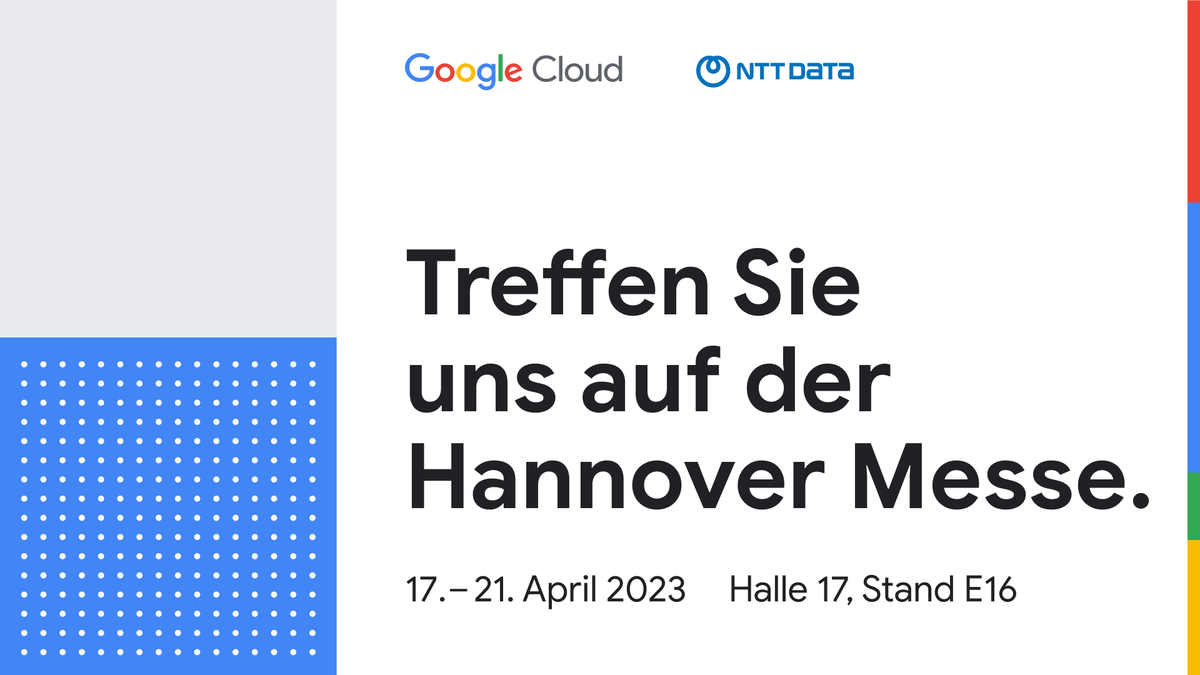 NTT_DATA_DE's tweet photo. Trefft NTT DATA am Stand von @googlecloud auf der @hannover_messe vom 17. bis 21. April. Erfahrt, wie sich mit #Daten &amp; #AI Kundenerlebnisse, Fertigungsprozesse und Lieferketten optimieren lassen. Alle Infos 👉 https://t.co/GvUDH9UzJT #DataToValue #GoogleCloud #smartmanufacturing https://t.co/jCLfeTdYJC