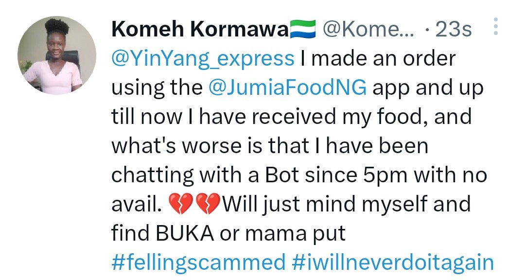 Komeh86's tweet photo. @YinYang_express I made an order using @JumiaFoodNG app yesterday 👇 and NEVER got my order. 💔 , No word from either of them. https://t.co/Rvq0vtlMQk