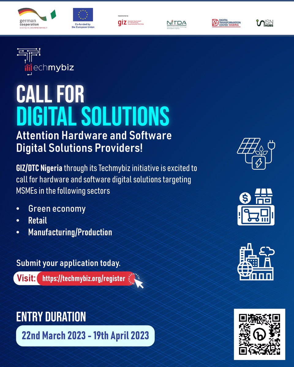 Mediamic22's tweet image. CALL FOR DIGITAL SOLUTIONS 

Attention Hardware and Software Digital Solutions Providers.

#TechMyBiz initiative by Deutsche Gesellschaft für Internationale Zusammenarbeit (GIZ) is calling for for hardware and software digital solutions targeting MSMEs in the following sectors: