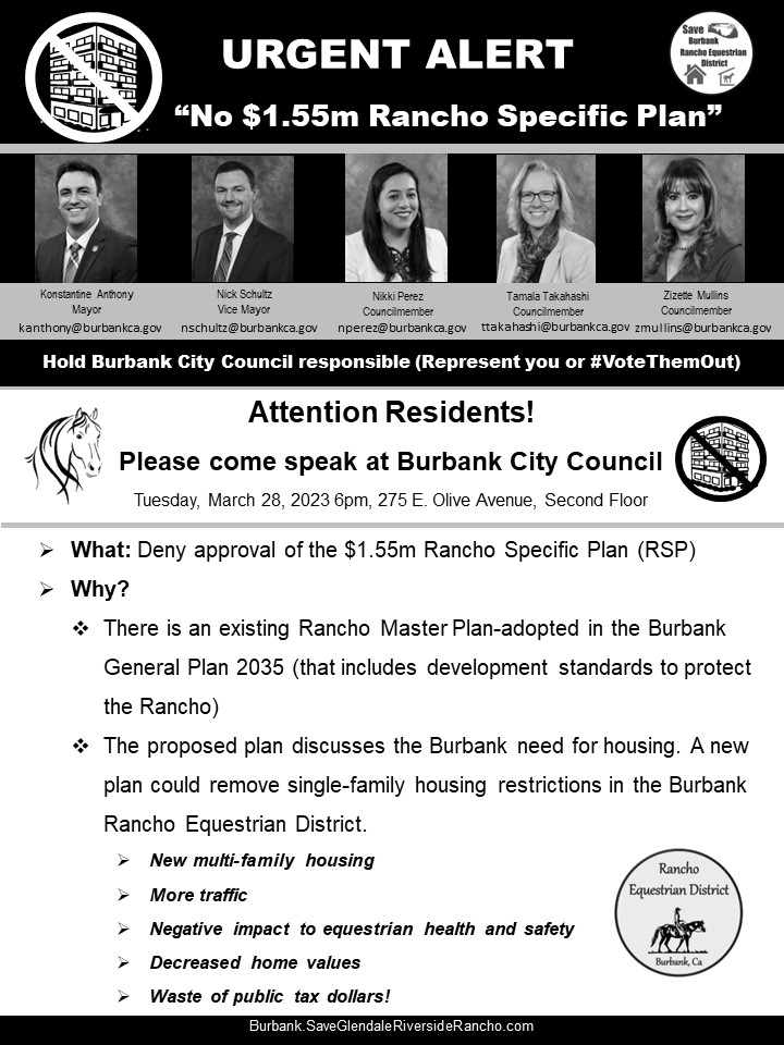 SaveOurRancho's tweet photo. #UrgentAlert @BurbankCA #Equestrian #Rancho residents #NoRSP. An existing #RanchoMasterPlan is already adopted into the #BurbankGeneralPlan2035 No $1.55 Million new plan to risk new development @BurbankLeader @TamalaTakahashi @clarkforclerk @KonstantineinCA @PCSSafetyAlerts https://t.co/e1Lt4f2MWk