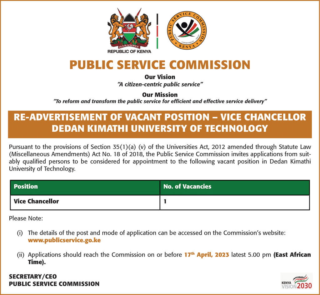PSCKenya's tweet photo. !!!! JOB ALERT!!!!
Vacant Positions in the Public Service - Vice Chancellor Dedan Kimathi University of Technology.
#PSIPCohortV
#ValuesReportKe
#AsantePSC
#IkoKaziKE https://t.co/SjDi2i5wYn