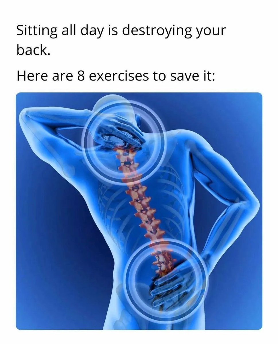 SucceededMind's tweet photo. Sitting all day is destroying your back:

Here are 8 exercises to save it: https://t.co/tx0iuBnOsI