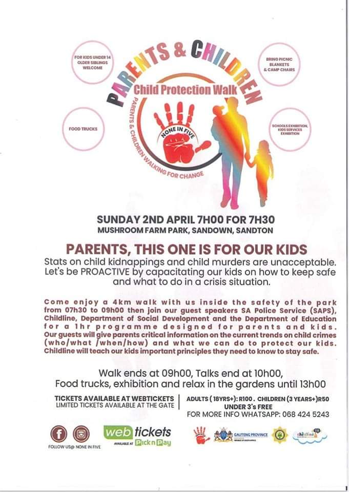 EcdFnb's tweet photo. Parent and Children Child Protection Walk on Sunday 2 April.
Please join if you can! Details are below.
#FNBECD #FNBCares #ChildProtection #GBV #ECDAwareness #helpsaecds #ecdhour #investinourchildren #thrivebyfive https://t.co/ghB4VBTGPw