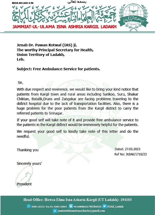 NazirMehdi_'s tweet photo. Request Jenab Dr. Pawan Kotwal (IAS) ji, Principal Secretary for Health, Union Territory of Ladakh to kindly take not of it and do the needful in the interest of people of Kargil https://t.co/XBz6GAdoed