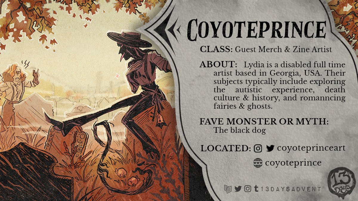13DaysAdvent's tweet photo. Here to lovingly create for our zine is our next guest merch and zine artist, Coyoteprince ! 🪦

You can find Coyoteprince here on Twitter or Instagram @coyoteprinceart , or at their website (linked in the replies below). https://t.co/8jTha5ucXf