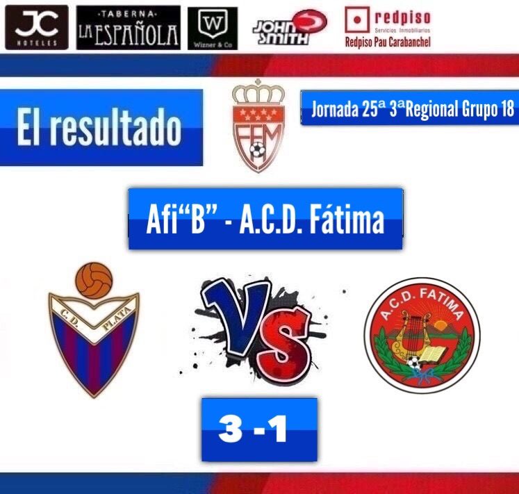 📣| El Resultado 

🗓 25ªJornada
🏆 3ª Regional Grupo 18
🏟 Pvo. Gallur

C.D. Plata “B” (3)
🆚
A.C.D. Fátima (1)

Mario ⚽️
Nahuel ⚽️
Rivas ⚽️

#PlataAfiB🔵🔴
#ElResultado