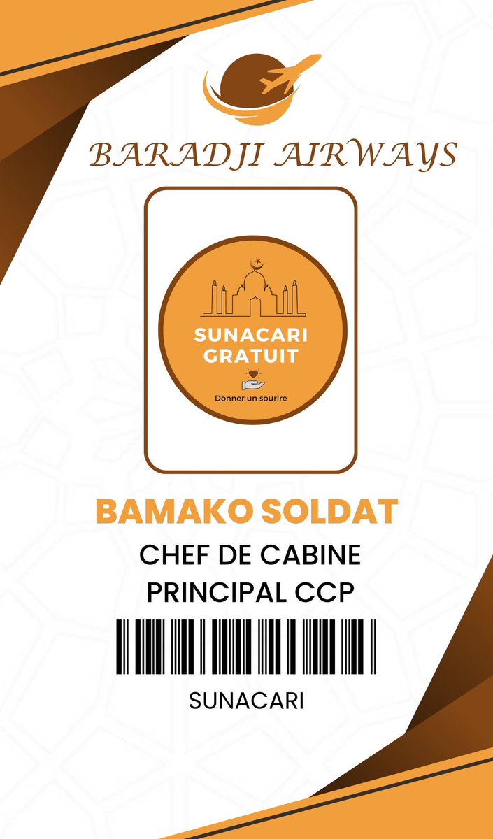 sunacarigratuit's tweet image. Veuillez recevoir notre chef de cabine principal @bvmakosoldat.  Welcome CCP pour un voyage de qualité. Ton badge soldat 🥳✈️✅. 
Baradji Airways 
#départ_imminent #zéro_turbulence