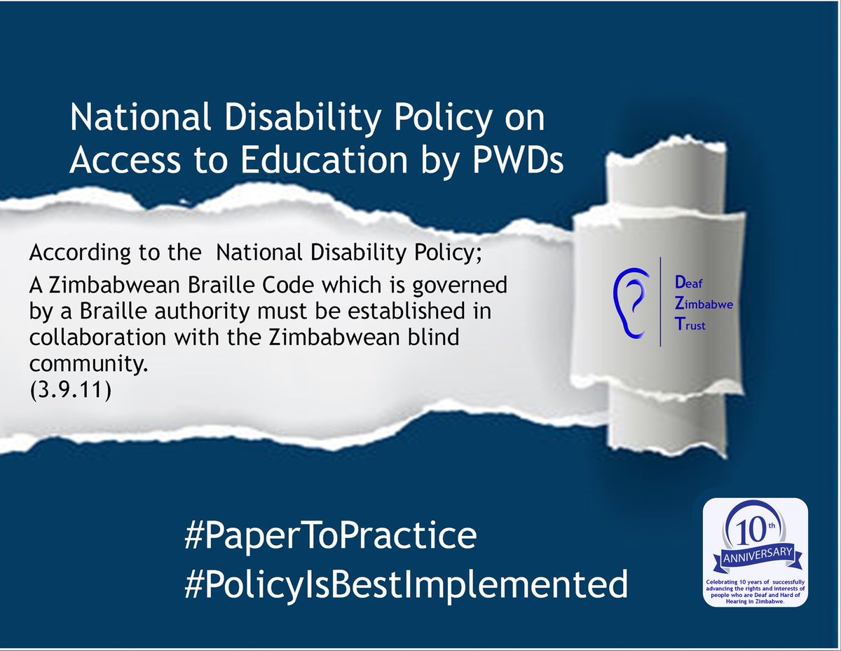 Did you know that according to the  National Disability Policy;
A Zimbabwean Braille Code which is governed by a Braille authority must be established in collaboration with the Zimbabwean blind community. (3.9.11)
#papertopractice
#PolicyIsBestImplemented