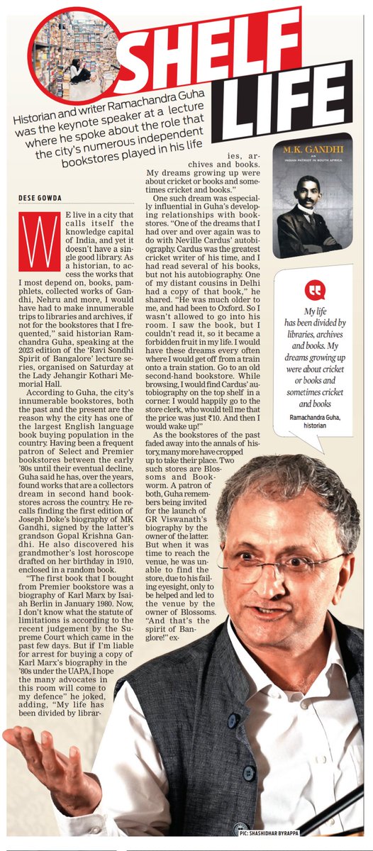 Historian and writer @Ram_Guha was the keynote speaker at a lecture where he spoke about the role that Bengaluru's numerous independent bookstores played in his life, writes @dese_gowda newindianexpress.com/lifestyle/book…